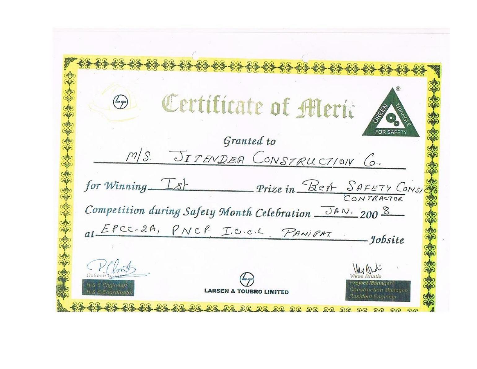 Certificate: Best Safety Conscious Contractor