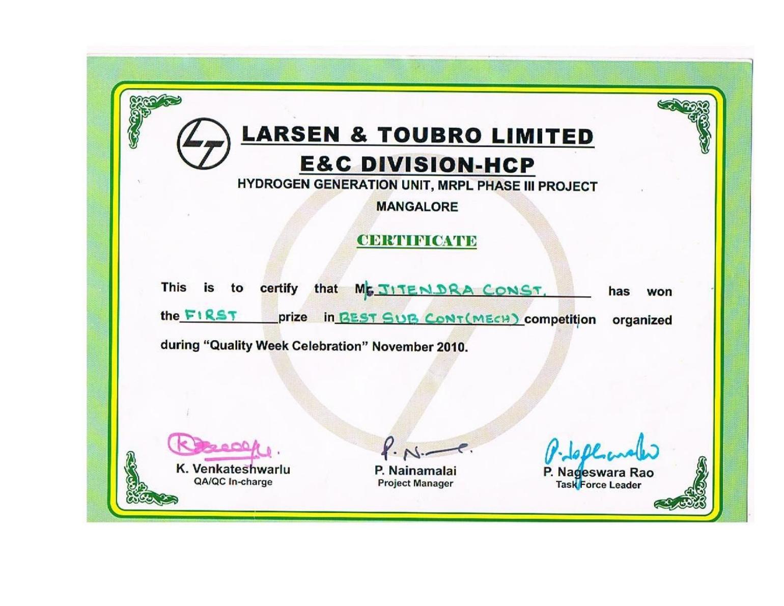 Certificate: Best Sub-Contractor (Mechanical)